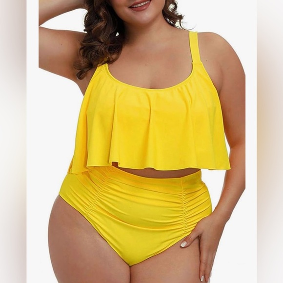 Women's 2 Piece Plus Size High Waisted Swimsuit Bathing Suit Lemon Yellow 3X - Picture 3 of 4